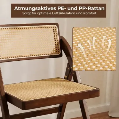 2er Set Rattan Klappstühle mit Bambusrahmen Küchenstühle im Boho-Stil 150 kg Tragkraft Walnuss