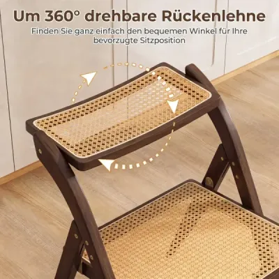 2er Set Rattan Klappstühle mit Bambusrahmen Küchenstühle im Boho-Stil 150 kg Tragkraft Walnuss