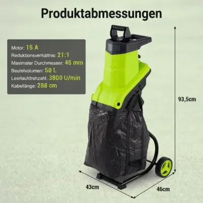Gartenhäcksler Elektrisch 2500W Messerhäcksler für Äste bis 45 mm 21:1 Häckselverhältnis Grün