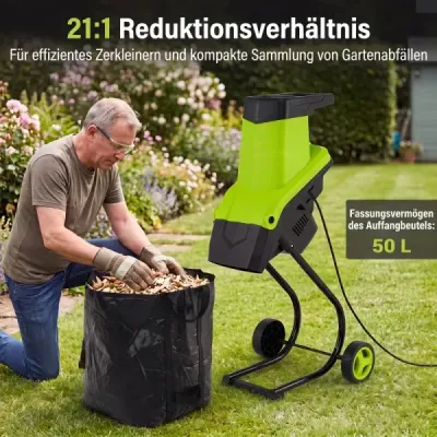 Gartenhäcksler Elektrisch 2500W Messerhäcksler für Äste bis 45 mm 21:1 Häckselverhältnis Grün