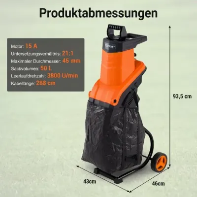 Gartenhäcksler Elektrisch 2500W Messerhäcksler für Äste bis 45 mm 21:1 Häckselverhältnis Orange
