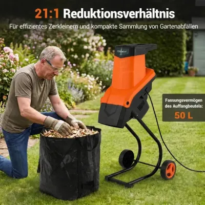 Gartenhäcksler Elektrisch 2500W Messerhäcksler für Äste bis 45 mm 21:1 Häckselverhältnis Orange