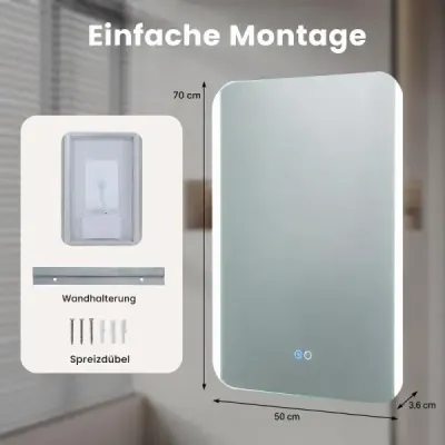 Badspiegel mit LED Beleuchtung 3 Lichtfarben Dimmbar & Stufenlose Helligkeitsregelung 70 x 50 cm
