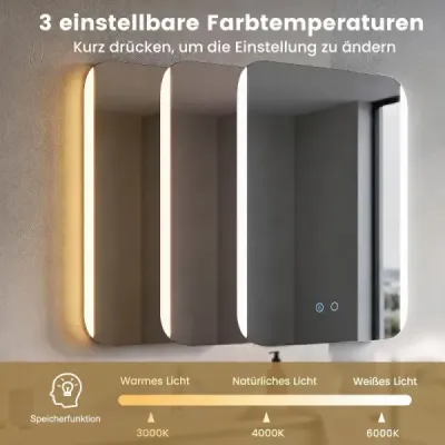Badspiegel mit LED Beleuchtung 3 Lichtfarben Dimmbar & Stufenlose Helligkeitsregelung 70 x 50 cm