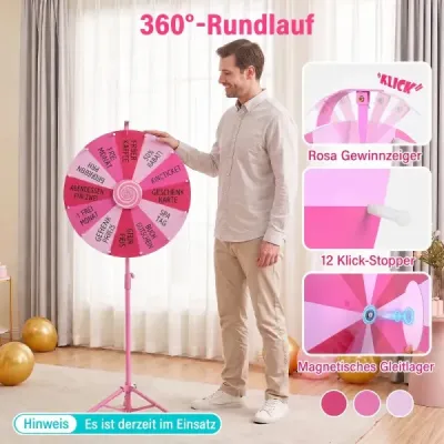 60 cm Glücksrad mit 12 Fächern & Klappbarem Höhenverstellbarem Dreibein-Ständer Rosa