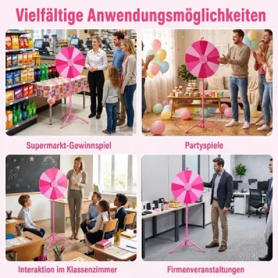 60 cm Glücksrad mit 12 Fächern & Klappbarem Höhenverstellbarem Dreibein-Ständer Rosa