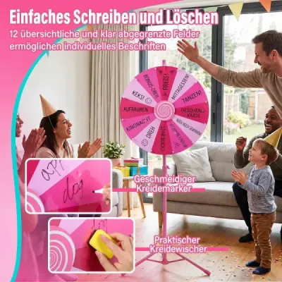60 cm Glücksrad mit 12 Fächern & Klappbarem Höhenverstellbarem Dreibein-Ständer Rosa