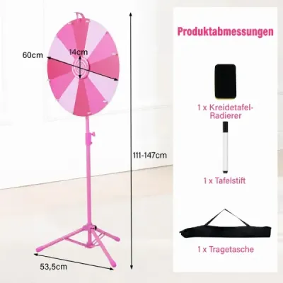 60 cm Glücksrad mit 12 Fächern & Klappbarem Höhenverstellbarem Dreibein-Ständer Rosa