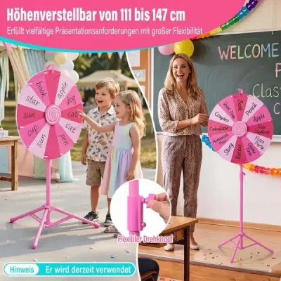 60 cm Glücksrad mit 12 Fächern & Klappbarem Höhenverstellbarem Dreibein-Ständer Rosa
