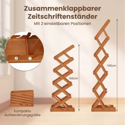 Faltbarer Zeitschriftenständer mit 5 Ablagefächern aus Bambus 40 x 35 x 146 cm Walnuss
