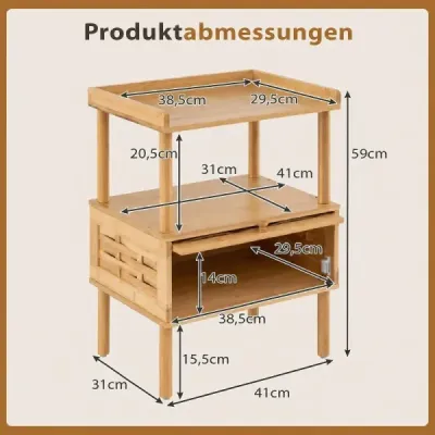 Nachttisch Bambus mit Offenem Regal & Klapptür mit Magnetverschluss 41 x 31 x 59 cm Natur