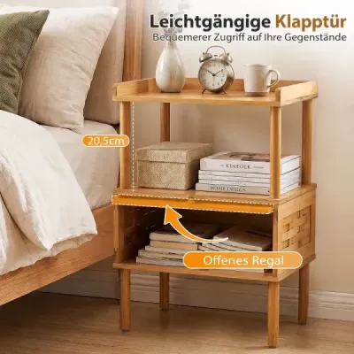 Nachttisch Bambus mit Offenem Regal & Klapptür mit Magnetverschluss 41 x 31 x 59 cm Natur