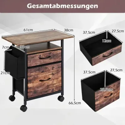 Mobiler Rollcontainer Aktenschrank Schmaler Nachttisch auf Rollen 61 x 38 x 66,5 cm