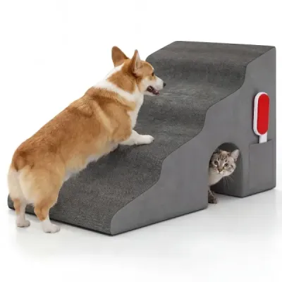Hundetreppe 4 Stufen Haustiertreppe 43 cm Hoch mit Loch & Waschbarem Bezug Grau