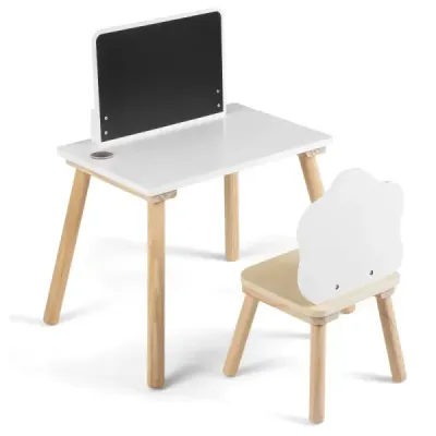 Kindertisch mit Stuhl Kinderschreibtisch mit Tafel für Kinder ab 3 Jahren Weiß + Natur
