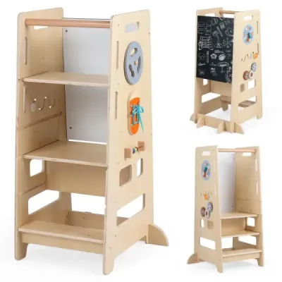 2-fach Höhenverstellbarer Tritthocker 4 in 1 Montessori Lernturm aus Holz 52 x 50 x 89 cm Natur