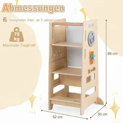 2-fach Höhenverstellbarer Tritthocker 4 in 1 Montessori Lernturm aus Holz 52 x 50 x 89 cm Natur