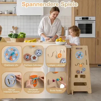 2-fach Höhenverstellbarer Tritthocker 4 in 1 Montessori Lernturm aus Holz 52 x 50 x 89 cm Natur