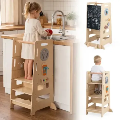 2-fach Höhenverstellbarer Tritthocker 4 in 1 Montessori Lernturm aus Holz 52 x 50 x 89 cm Natur