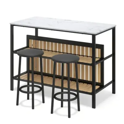 Bartisch Set 3-teilige Essgruppe in Edler Marmoroptik Stehtisch mit 2 Barhockern