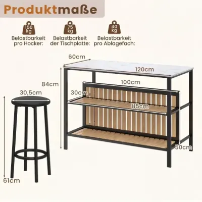 Bartisch Set 3-teilige Essgruppe in Edler Marmoroptik Stehtisch mit 2 Barhockern