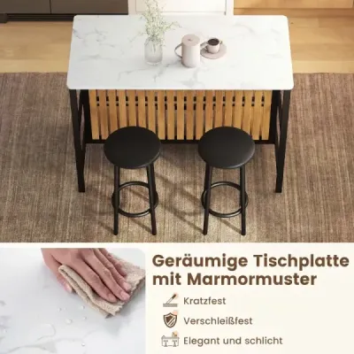 Bartisch Set 3-teilige Essgruppe in Edler Marmoroptik Stehtisch mit 2 Barhockern