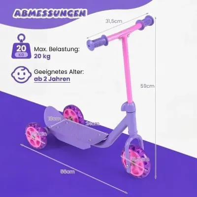 Roller Kinder Dreirad Kinderroller mit Leuchtenden LED-Rädern für Kinder ab 2 Jahren Lila
