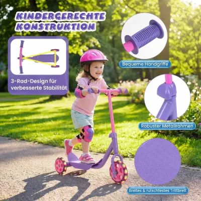 Roller Kinder Dreirad Kinderroller mit Leuchtenden LED-Rädern für Kinder ab 2 Jahren Lila
