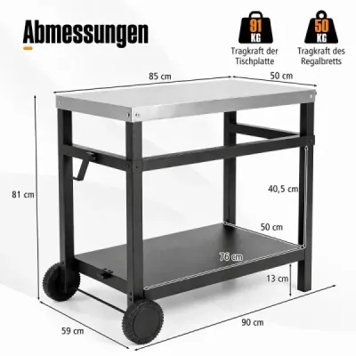 Grillwagen Grilltisch mit Arbeitsplatte aus Edelstahl & Ablage 90 x 59 x 81 cm Schwarz + Silber