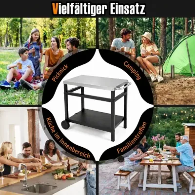 Grillwagen Grilltisch mit Arbeitsplatte aus Edelstahl & Ablage 90 x 59 x 81 cm Schwarz + Silber