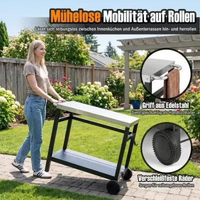 Grillwagen Grilltisch mit Arbeitsplatte aus Edelstahl & Ablage 90 x 59 x 81 cm Schwarz + Silber