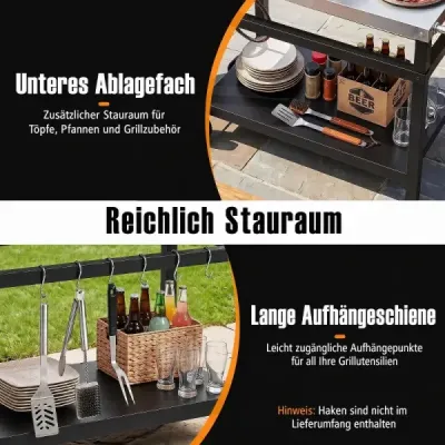 Grillwagen Grilltisch mit Arbeitsplatte aus Edelstahl & Ablage 90 x 59 x 81 cm Schwarz + Silber