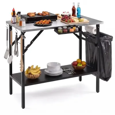 Klappbarer Campingtisch mit 1 Edelstahl Arbeitsplatte Tragbarer Grilltisch mit Gewürzregal