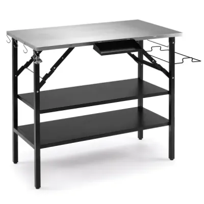 Klappbarer Campingtisch mit 2 Edelstahl Arbeitsplatten Tragbarer Grilltisch mit Gewürzregal