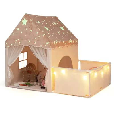 Spielzelt 2 in 1 Kinderzelt im Dunkel Leuchtend mit Laufstall Spielhaus mit Matte & Fenster Beige
