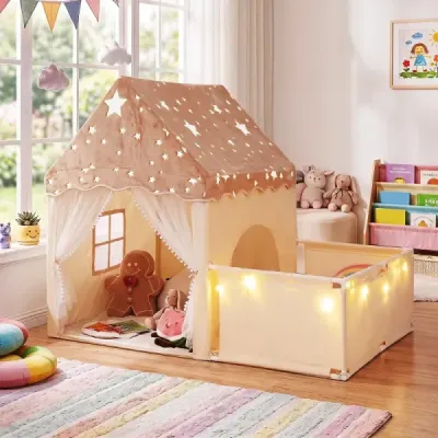 Spielzelt 2 in 1 Kinderzelt im Dunkel Leuchtend mit Laufstall Spielhaus mit Matte & Fenster Beige