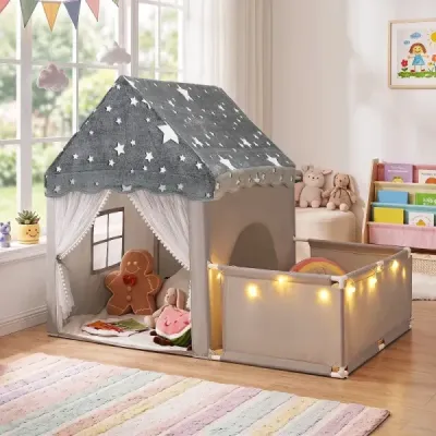 Spielzelt 2 in 1 Kinderzelt im Dunkel Leuchtend mit Laufstall Spielhaus mit Matte & Fenster Grau