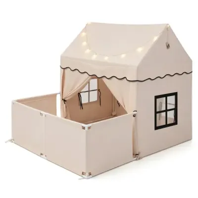 Kinderspielzelt mit Zusätzlichem Hinterhof Kinderspielhaus mit Gepolsterter Matte Beige + Grau