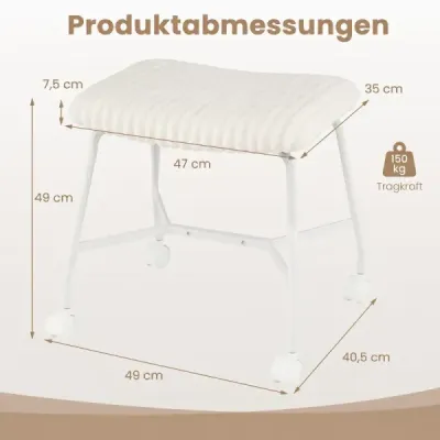 2er Set Rollhocker Gepolstert mit Gewölbter Sitzfläche & 4 Leichtgängigen Rollen Weiß