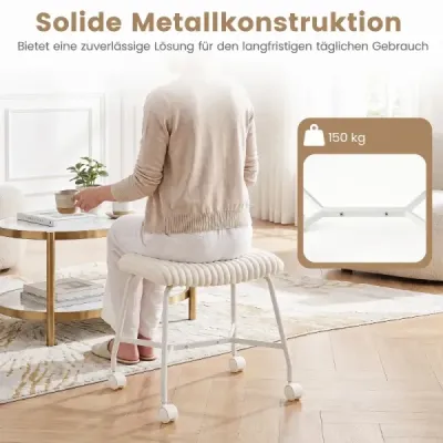 2er Set Rollhocker Gepolstert mit Gewölbter Sitzfläche & 4 Leichtgängigen Rollen Weiß