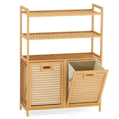 Wäschekorb aus Bambus mit 2 Fächern & 3-stufigem Ablagefach 80 x 30 x 110 cm Natur
