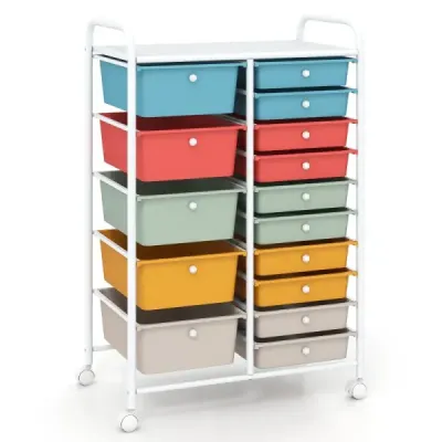 Rollwagen mit 15 Stapelbaren Schubladen & Griffen Schubladenwagen 63 x 38 x 96 cm Macaron