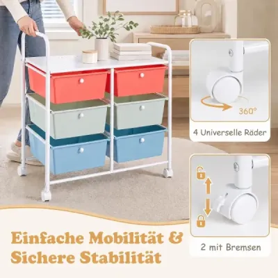 Rollwagen Rollcontainer mit 6 Schubladen aus Kunststoff & 2 Griffen 63,5 x 38 x 66 cm Bunt