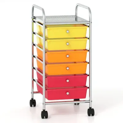 Rollwagen mit 6 Stapelbaren Schubladen & Leichtgängigen Schienen Rollcontainer Regenbogen Bunt