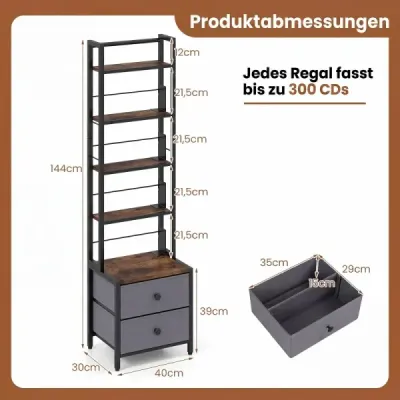 Bücherregal mit Metallrahmen 5 Regalen & 2 Stoffschubladen 40 x 30 x 144 cm Rustikalbraun