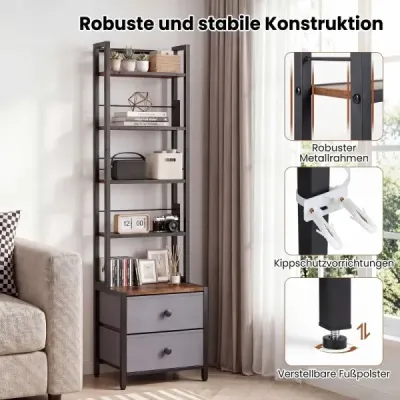 Bücherregal mit Metallrahmen 5 Regalen & 2 Stoffschubladen 40 x 30 x 144 cm Rustikalbraun