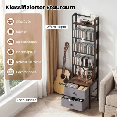 Bücherregal mit Metallrahmen 5 Regalen & 2 Stoffschubladen 40 x 30 x 144 cm Rustikalbraun