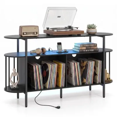 Plattenspieler-Ständer mit Ladestation & Farbigen LED-Leuchten 140 x 40 x 76 cm Schwarz