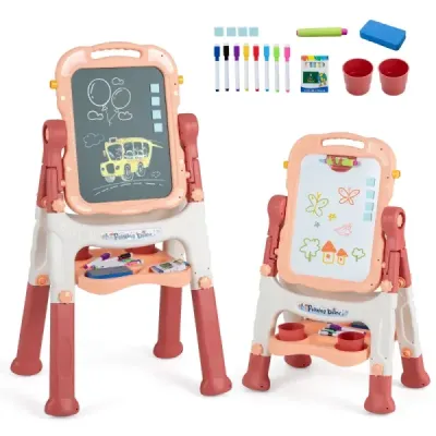4-in-1 Kindertafel Höhenverstellbar Doppelseitige Kinderstaffelei 360° Drehbar Pfirsichrosa