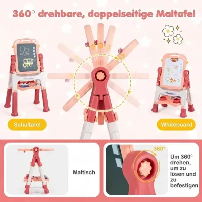 4-in-1 Kindertafel Höhenverstellbar Doppelseitige Kinderstaffelei 360° Drehbar Pfirsichrosa